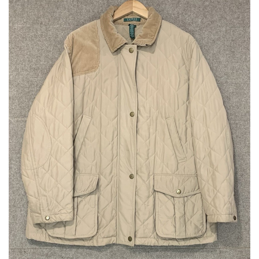 Lauren Ralph Lauren Tan Quilted Barn Jacket 2x Corduroy Trim Equestrian Academia